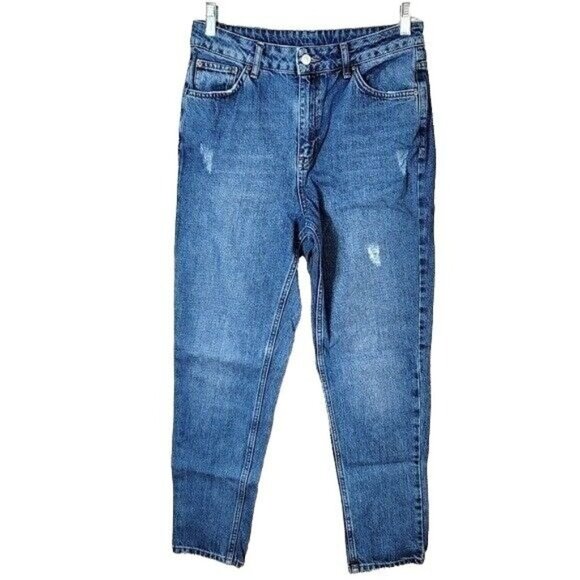 Topshop Jeans Blue Size 30 Distressed Cotton Zip Pocket Taper Mom High Rise Moto - Picture 5 of 7